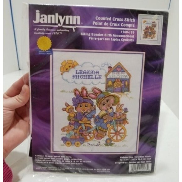 VTG Janlynn 140-176 Biking Bunnies‎ Birth Announcement Counted Cross Stitch Kit - Picture 1 of 5
